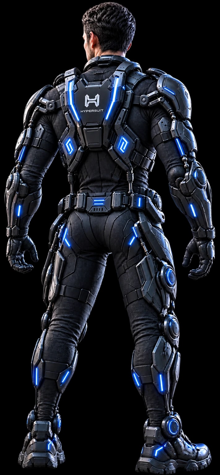 The HyperSuit X1 exosuit seen from behind, full body